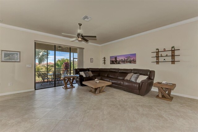 tiled living room featuring ceiling fan and crown molding