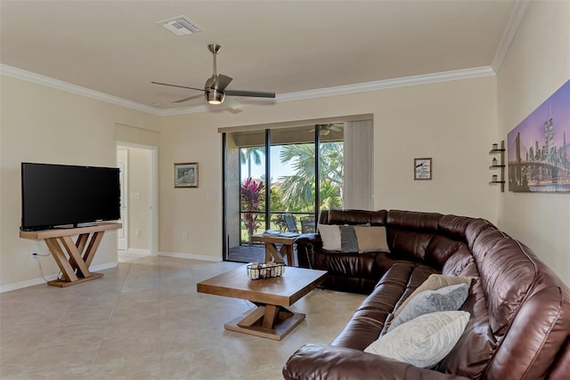 tiled living room featuring ceiling fan and crown molding