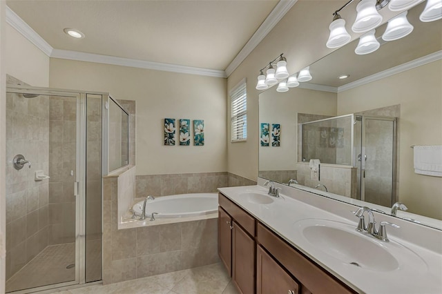 bathroom with separate shower and tub, crown molding, tile patterned flooring, and vanity