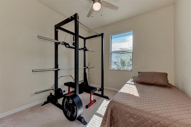 carpeted bedroom featuring ceiling fan