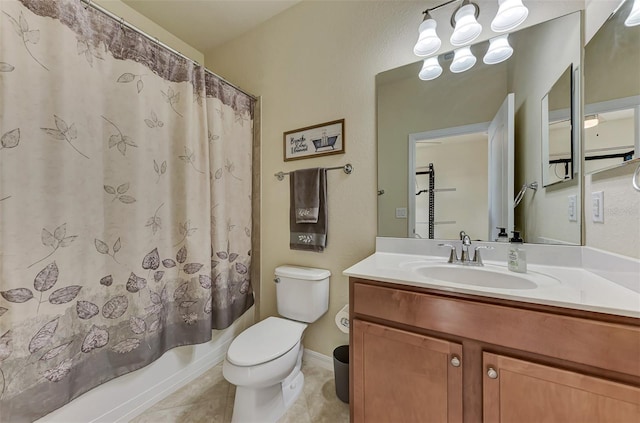 full bathroom with toilet, vanity, tile patterned floors, and shower / tub combo with curtain