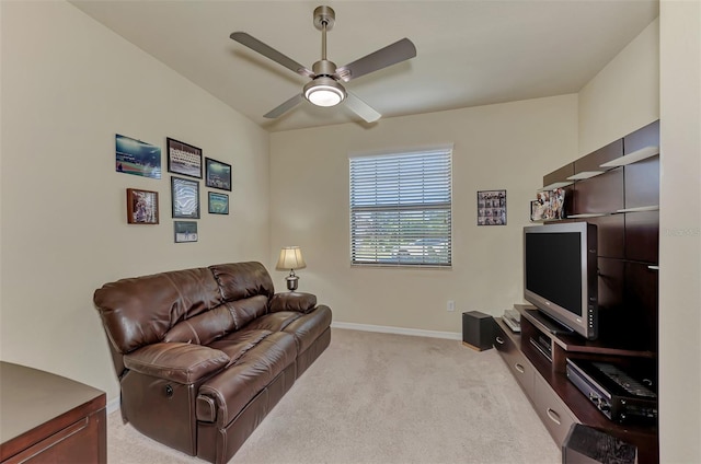 living room featuring ceiling fan and light carpet