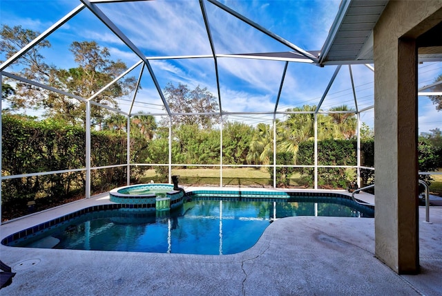 view of swimming pool featuring a patio, an in ground hot tub, and glass enclosure