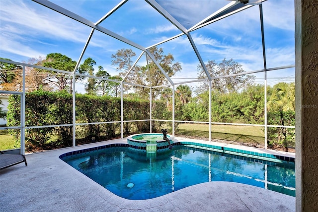 view of swimming pool with an in ground hot tub, a patio, and a lanai