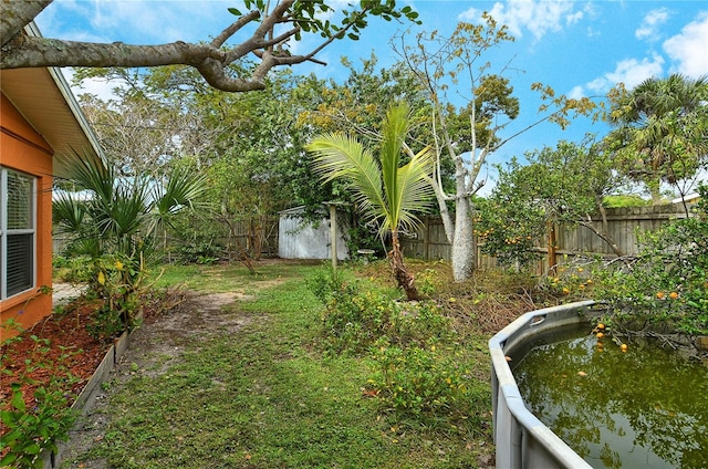 view of yard featuring a storage unit