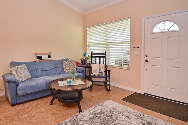 foyer entrance with crown molding and light tile flooring