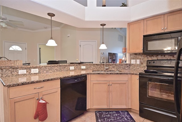 kitchen with stone counters, light tile flooring, ceiling fan, and black appliances