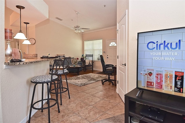 interior space featuring crown molding and ceiling fan