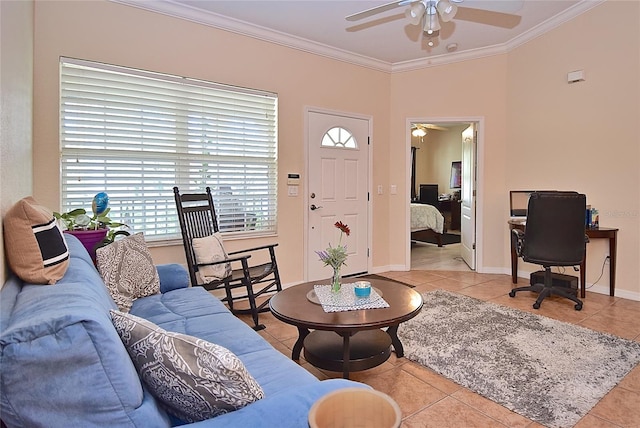 living room featuring light tile flooring, ceiling fan, and crown molding