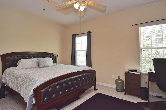 bedroom with ceiling fan and light hardwood / wood-style flooring