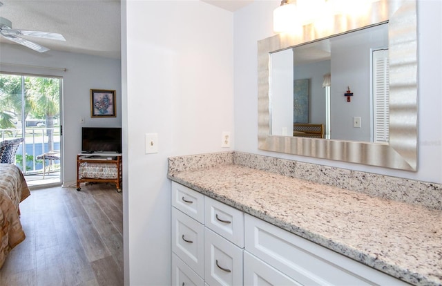 bathroom with vanity, hardwood / wood-style floors, and ceiling fan