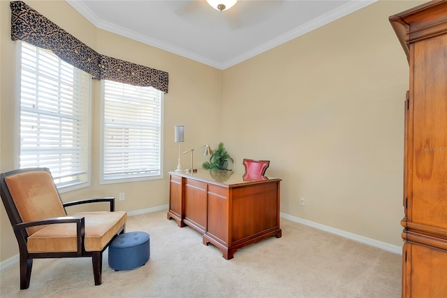 office area with ornamental molding and light carpet