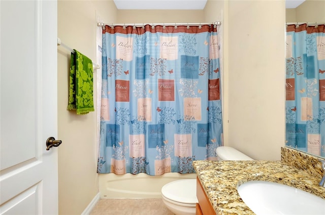 full bathroom featuring vanity, toilet, and shower / tub combo with curtain