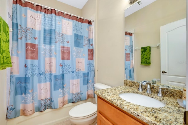 full bathroom featuring toilet, vanity, and shower / bathtub combination with curtain