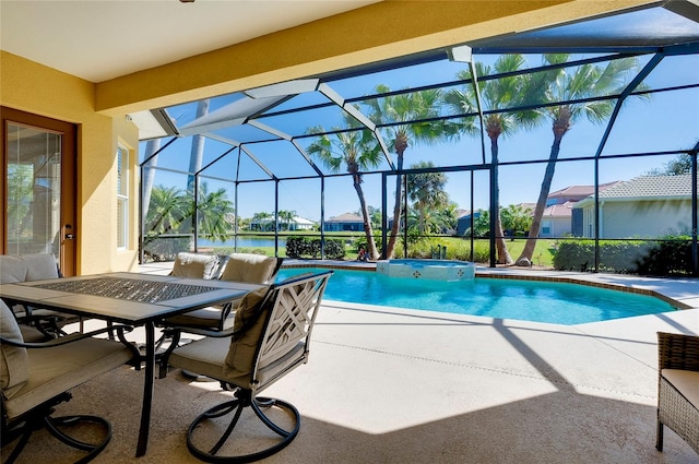 view of pool with a lanai, a patio area, an in ground hot tub, and a water view