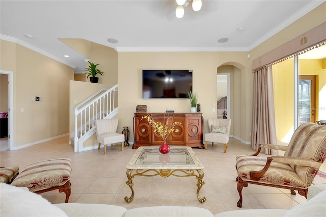 tiled living room featuring crown molding