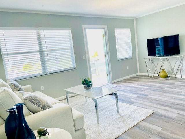 living room featuring light hardwood / wood-style flooring and ornamental molding