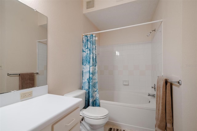 full bathroom with shower / bath combo, toilet, vanity, and tile floors