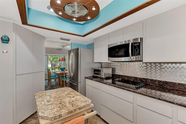 kitchen with tasteful backsplash, dark stone counters, a tray ceiling, white cabinets, and stainless steel appliances