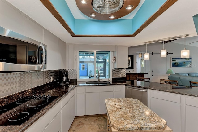 kitchen with backsplash, dark stone counters, a tray ceiling, stainless steel appliances, and a sink