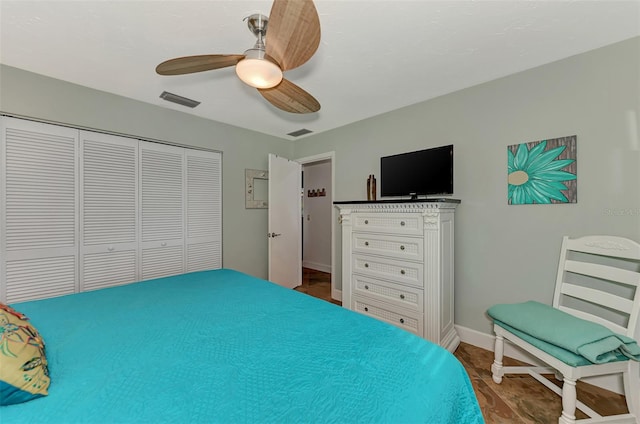 bedroom featuring ceiling fan and a closet