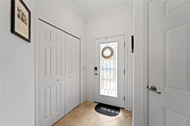 doorway to outside with crown molding and light tile flooring