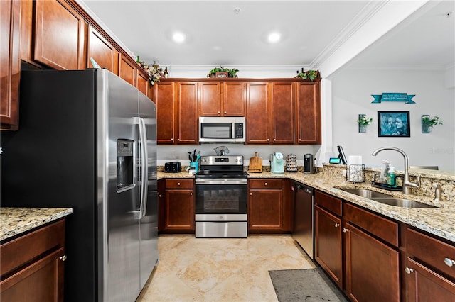 kitchen featuring light tile floors, appliances with stainless steel finishes, crown molding, sink, and light stone counters