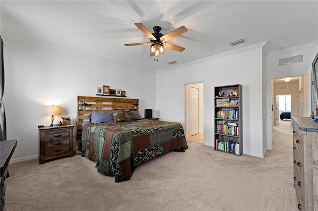 bedroom with light carpet, ornamental molding, and ceiling fan