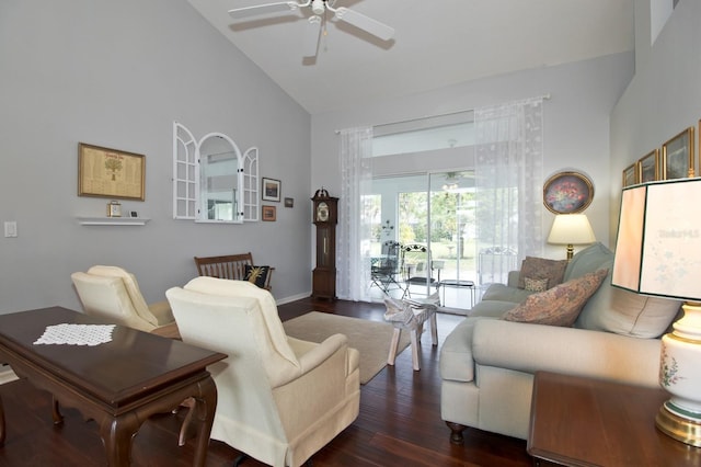 living room featuring high vaulted ceiling, dark hardwood / wood-style flooring, and ceiling fan