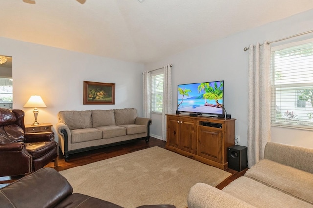 living room featuring a wealth of natural light and dark wood-type flooring