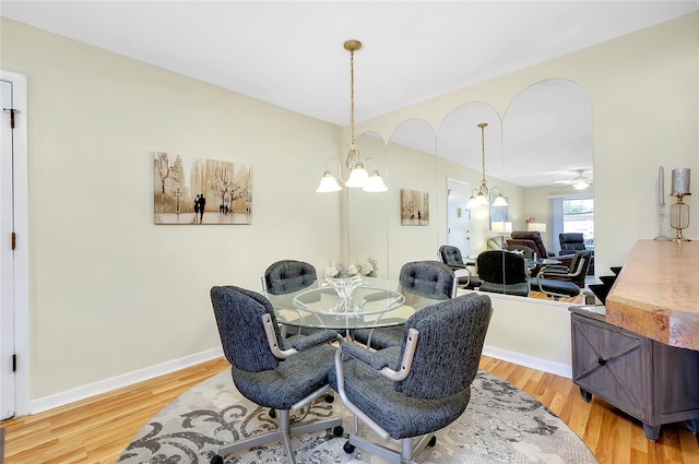 dining space featuring light hardwood / wood-style floors and ceiling fan with notable chandelier