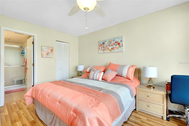 bedroom featuring a closet, light hardwood / wood-style floors, and ceiling fan