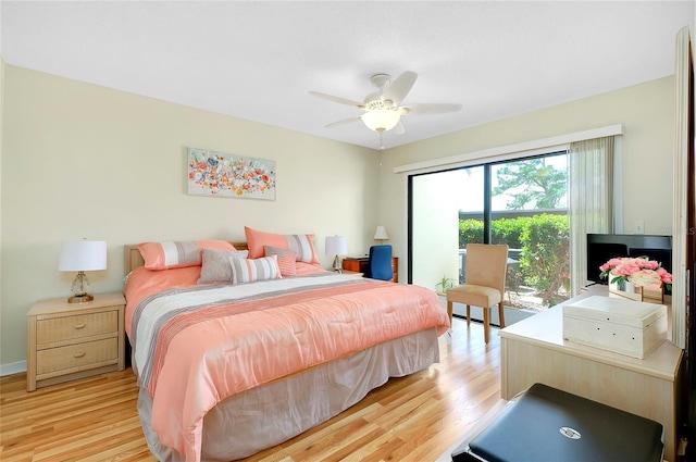 bedroom featuring ceiling fan and light wood-type flooring