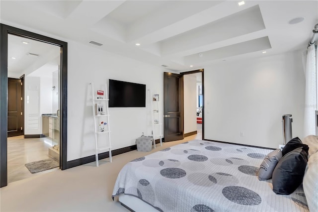 bedroom with a tray ceiling