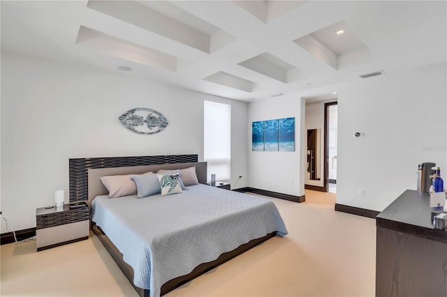 carpeted bedroom featuring coffered ceiling and beamed ceiling