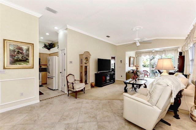 tiled living room with lofted ceiling, crown molding, and ceiling fan