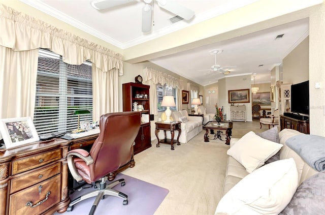 office featuring light carpet, ornamental molding, and ceiling fan