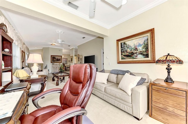 carpeted home office with ornamental molding and ceiling fan