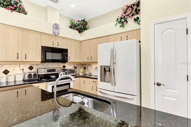 kitchen featuring backsplash, electric range, white fridge with ice dispenser, dark stone countertops, and ornamental molding