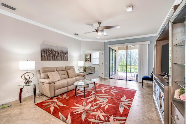 tiled living room with ornamental molding and ceiling fan