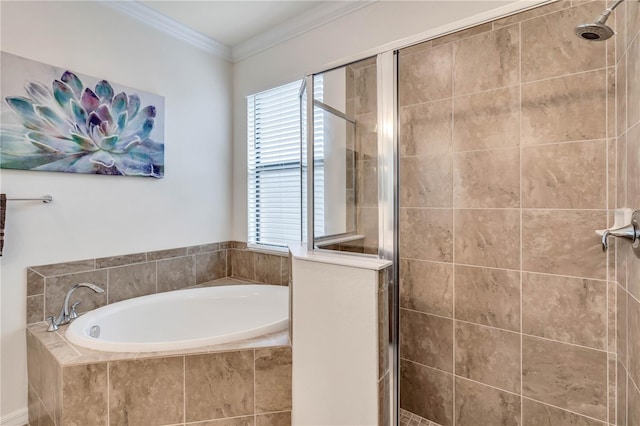 bathroom with independent shower and bath, crown molding, and a wealth of natural light