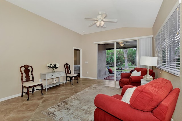 tiled living room with lofted ceiling and ceiling fan