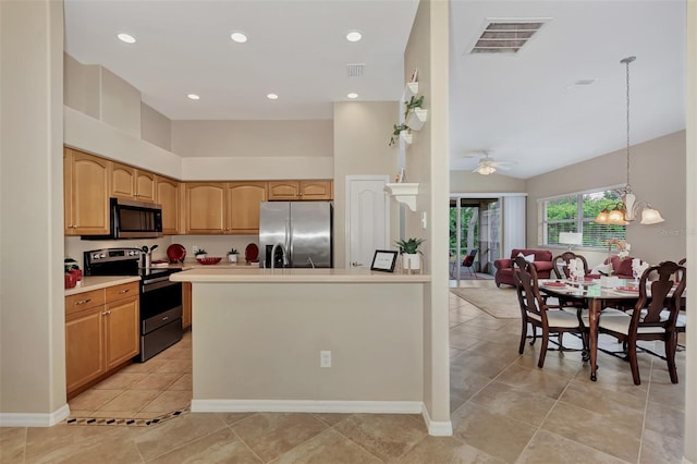 kitchen featuring light tile floors, hanging light fixtures, stainless steel appliances, high vaulted ceiling, and ceiling fan with notable chandelier