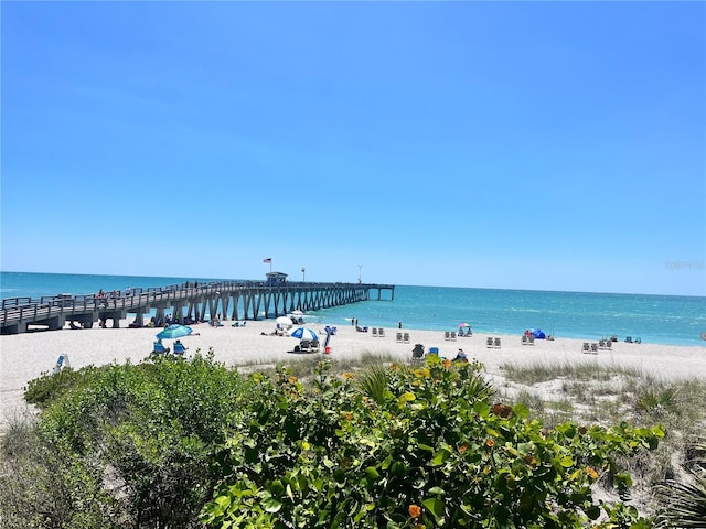 view of water feature with a beach view