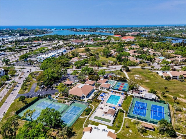 birds eye view of property featuring a water view