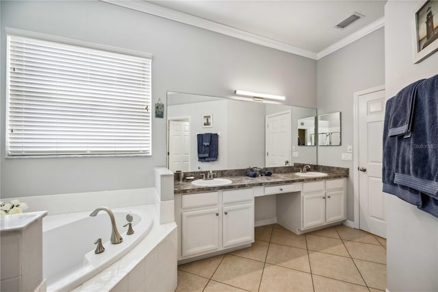 bathroom with large vanity, ornamental molding, tile flooring, dual sinks, and tiled tub