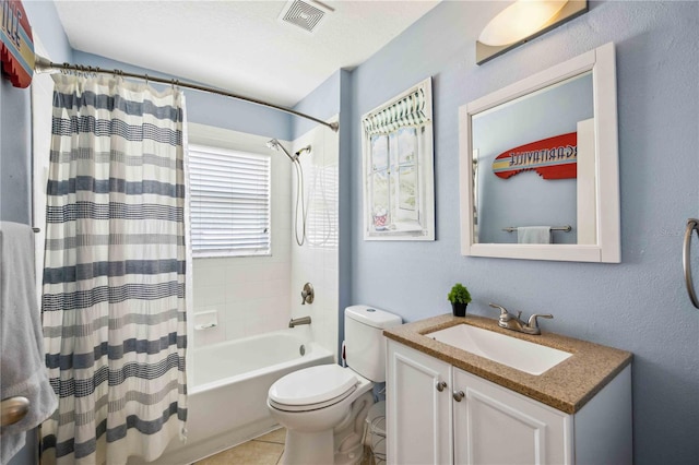 full bathroom with shower / bath combo, toilet, vanity, and tile flooring