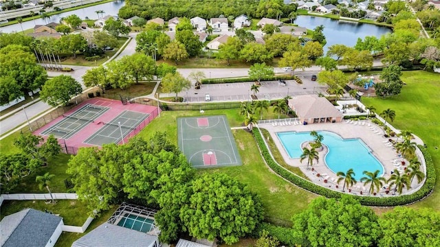 aerial view featuring a water view