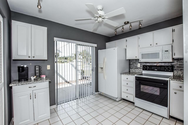 kitchen with tasteful backsplash, light stone counters, ceiling fan, white appliances, and white cabinets