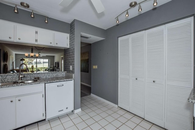 kitchen with white cabinets, sink, dishwasher, and ceiling fan